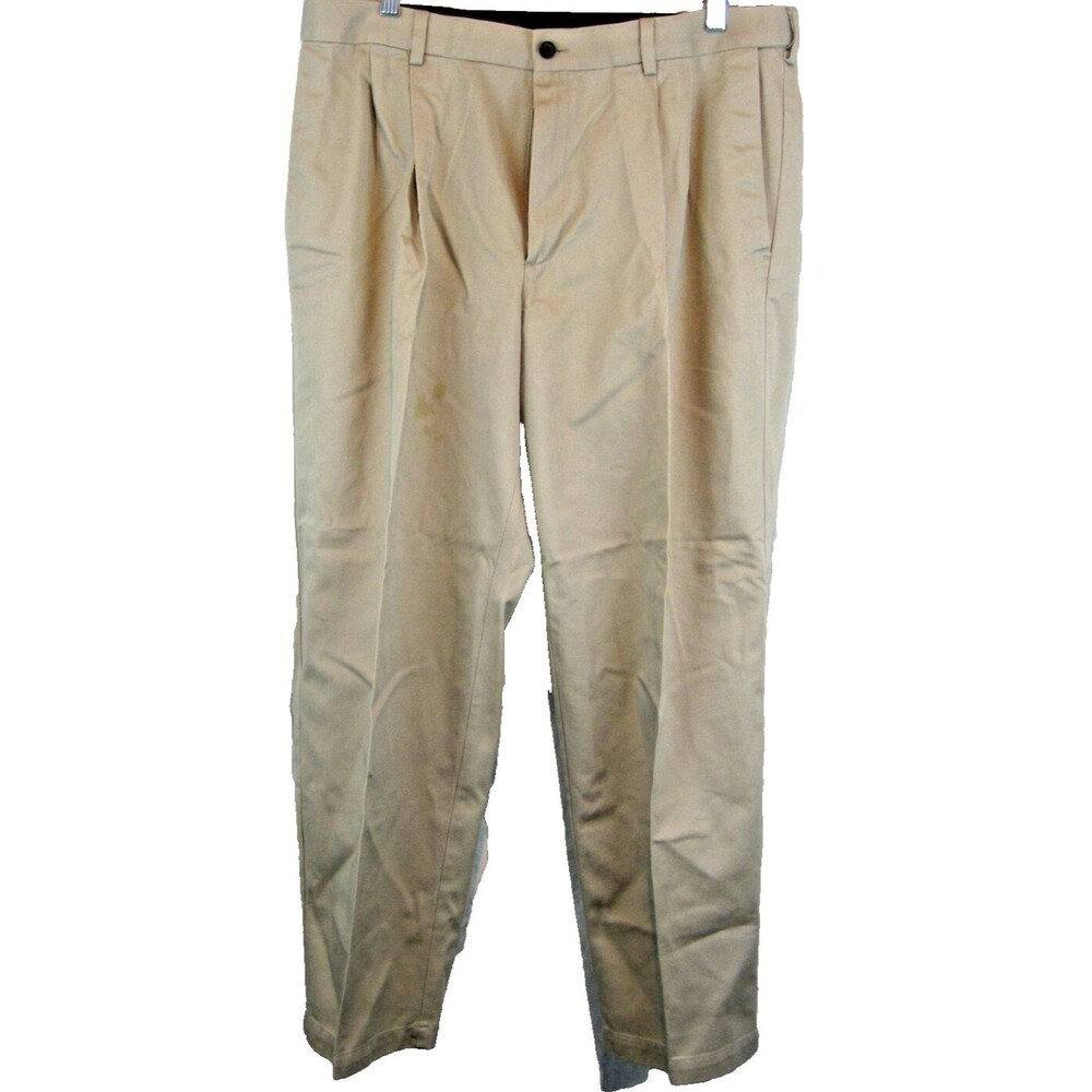 Mens Haggar Khaki Cotton Pleated Chinos Pants Trousers sz 36 / 29